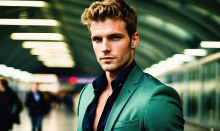 A man in a green suit looks intensely at the camera while standing in a modern train stationの素材