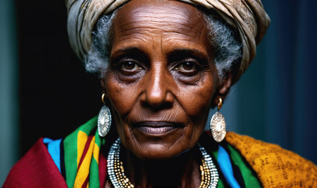 An older woman with grey hair wears a colorful headscarf and jewelryの素材