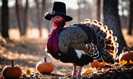 A turkey wearing a pilgrim hat stands in a forest with pumpkins scattered aroundの素材