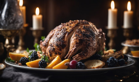 A roasted chicken sits on a platter with fruit, berries, and bread, surrounded by lit candles on a dark tableの素材