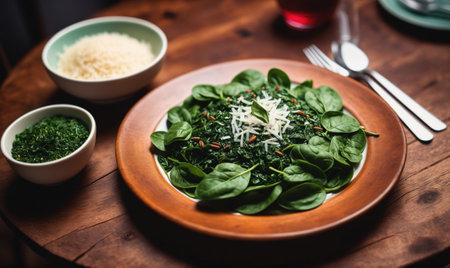 A plate of spinach, topped with cheese, sits on a wooden table, ready to be enjoyedの素材