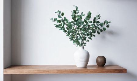 A vase filled with green leafy branches sits on a wooden shelfの素材