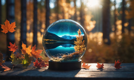 A glass sphere sits on a wooden surface, capturing a serene autumn scene with a lake and mountains in the backgroundの素材