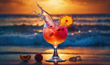 A refreshing cocktail with an orange slice on the beach at sunsetの素材