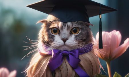 A cat wearing a graduation cap and a purple bowtie poses in front of a pink flowerの素材