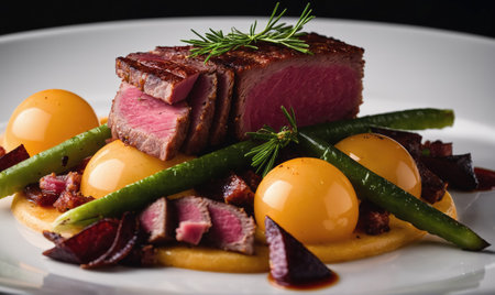 A perfectly seared steak is served on a bed of mashed sweet potato, green beans, and tomato halvesの素材