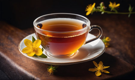 A cup of tea with a saucer and yellow flowers on a wooden tableの素材