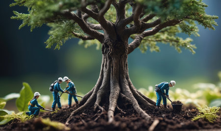 Tiny figures work diligently around a large tree, tending to the soil and its rootsの素材
