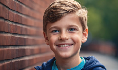 A young boy with blond hair smiles brightly while standing in front of a brick wallの素材