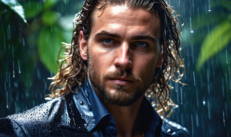 A man with long, curly hair stands in the rain, looking directly at the cameraの素材