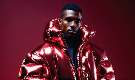 A man wearing a red puffer jacket stands against a red backgroundの素材