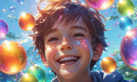 A young boy smiles brightly as he looks up at the sky filled with colorful bubblesの素材