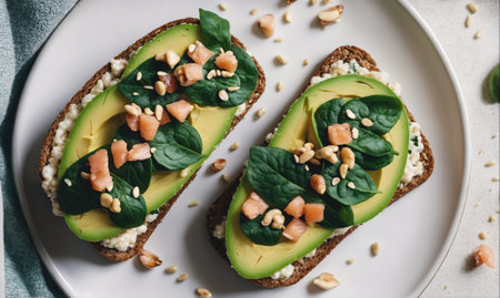 Two avocado toasts with spinach, nuts, and seeds on a white plateの素材