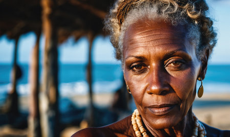 An older woman with gray hair and dark skin looks directly at the camera while standing on a beachの素材