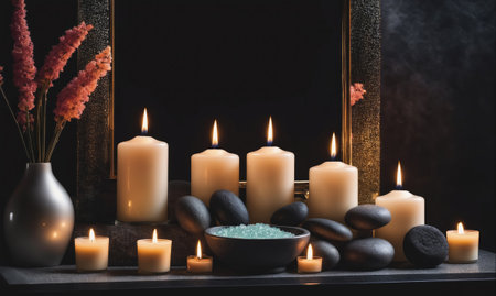 Candles and stones create a relaxing atmosphere in a dark roomの素材