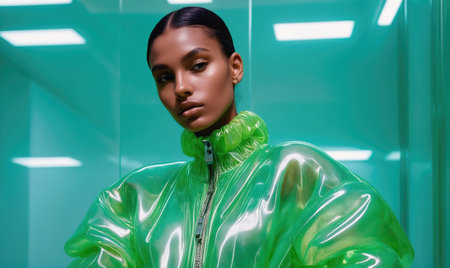 A woman in a green jacket poses against a turquoise backdropの素材