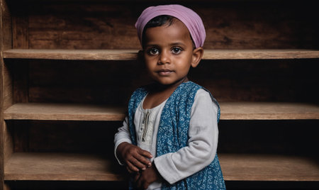 A young girl stands in front of a wooden shelf, looking directly at the cameraの素材