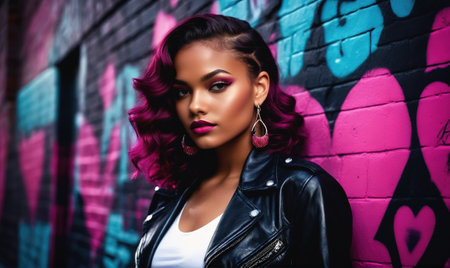 A woman with vibrant pink hair leans against a graffiti-covered brick wall, her bold makeup adding to her striking lookの素材