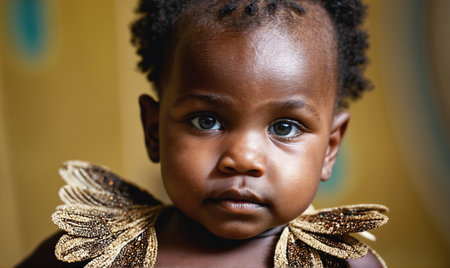 A young girl with dark skin and big eyes stares intently at the cameraの素材