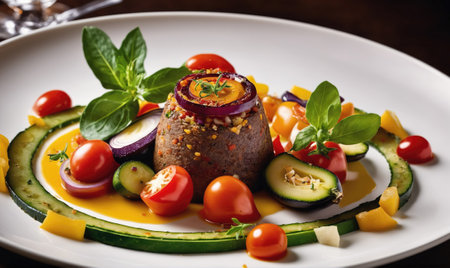 A delicious-looking meal is plated with a hearty center piece surrounded by a ring of zucchini and topped with tomatoes, basil, and red onionsの素材