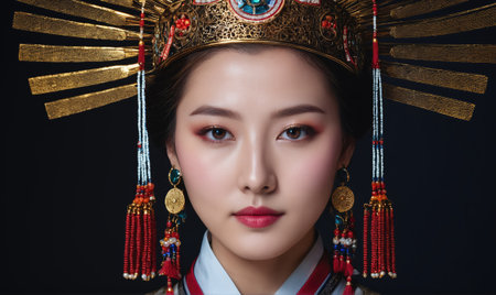 A woman wearing a traditional Korean crown and earrings looks directly at the cameraの素材