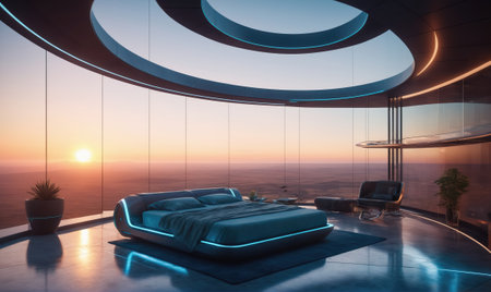 A futuristic bedroom with a large bed and panoramic windows overlooking a desert landscape at sunsetの素材