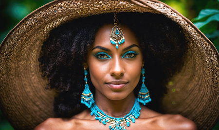 A woman with blue eyeshadow and jewelry poses in a wide straw hatの素材