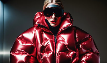 A woman wearing a bright red puffer jacket and ski goggles stands in front of a gray backgroundの素材