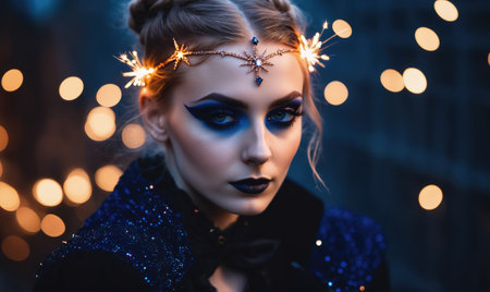 A woman with a sparkling headpiece and blue eyeshadow looks intensely at the camera with a dark background of blurred lightsの素材