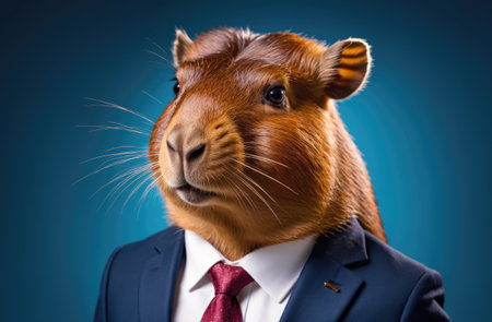 A guinea pig wearing a suit and tie looks directly at the cameraの素材