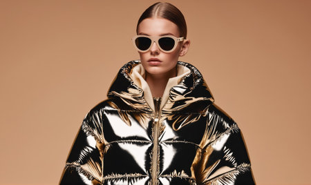 A woman wears a gold puffer jacket and sunglasses against a beige backgroundの素材