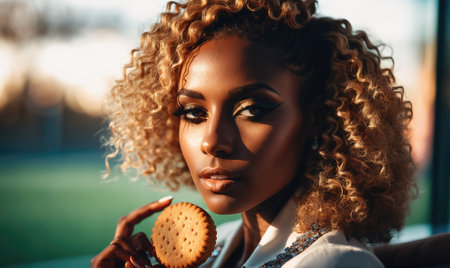 A woman with curly hair holds a biscuit in her hand, looking directly at the cameraの素材