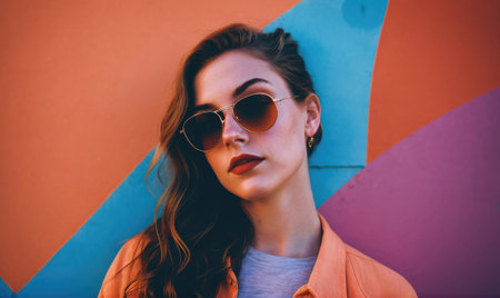 A woman wearing sunglasses stands in front of a colorful wallの素材
