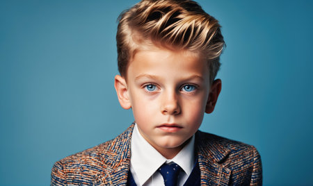 A young boy with blonde hair and blue eyes stares intensely at the cameraの素材
