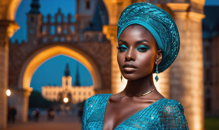 A woman in a blue headwrap stands in front of an archway, illuminated by the evening lightの素材