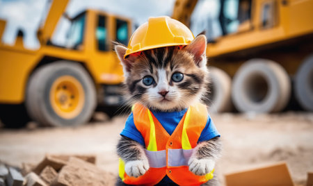 A small kitten wearing a hard hat and safety vest stands in front of a large excavatorの素材