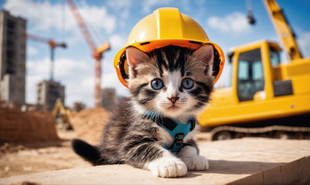 A kitten wearing a hard hat sits on a wooden plank at a construction siteの素材