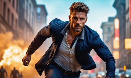 A man in a blue jacket runs through a city street, with a fire burning in the backgroundの素材