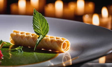 A delicate pastry garnished with a fresh mint leaf sits on a plate with green sauce, lit by warm candlelightの素材