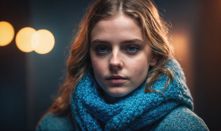 A young woman with long blonde hair stands outside, wearing a blue scarf and looking directly at the cameraの素材