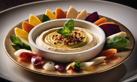 A bowl of creamy hummus topped with pine nuts and basil sits on a gold plate surrounded by colorful vegetable slicesの素材