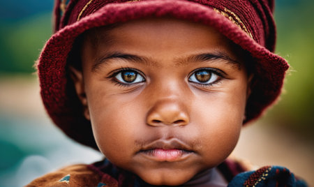 A young child with a red hat looks directly at the cameraの素材
