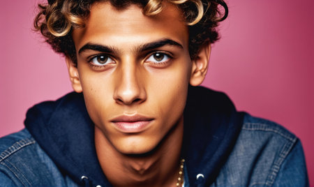 A young man with curly brown hair and a denim jacket looks directly at the cameraの素材