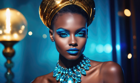 A woman with vibrant blue eyeshadow and lipstick poses with a gold headwrap and a statement turquoise necklace against a blue backgroundの素材