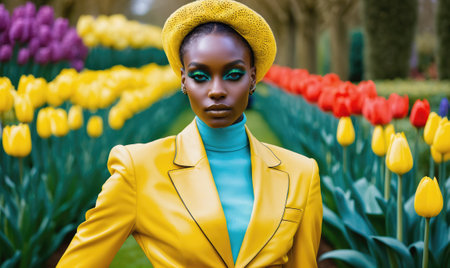 A woman in a yellow jacket and a matching hat stands in a field of colorful tulipsの素材