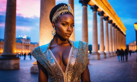 A woman in a sparkling dress and crown stands before a row of columns, illuminated by evening lightの素材