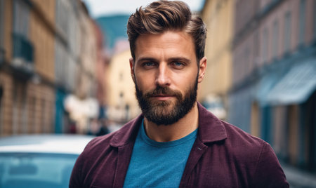 A man with a beard stands in a city streetの素材