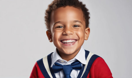 A young boy wearing a red sweater and a bow tie smiles brightly at the cameraの素材