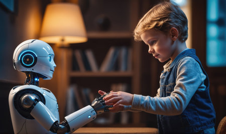 A young boy reaches out to shake the hand of a robot in a home settingの素材
