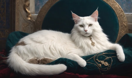 A white Maine Coon cat wearing a jeweled collar lounges on a velvet cushion in a regal settingの素材